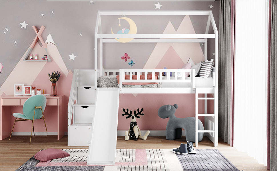 Twin Loft Bed with Two Drawers and Slide, House Bed with Slide, White