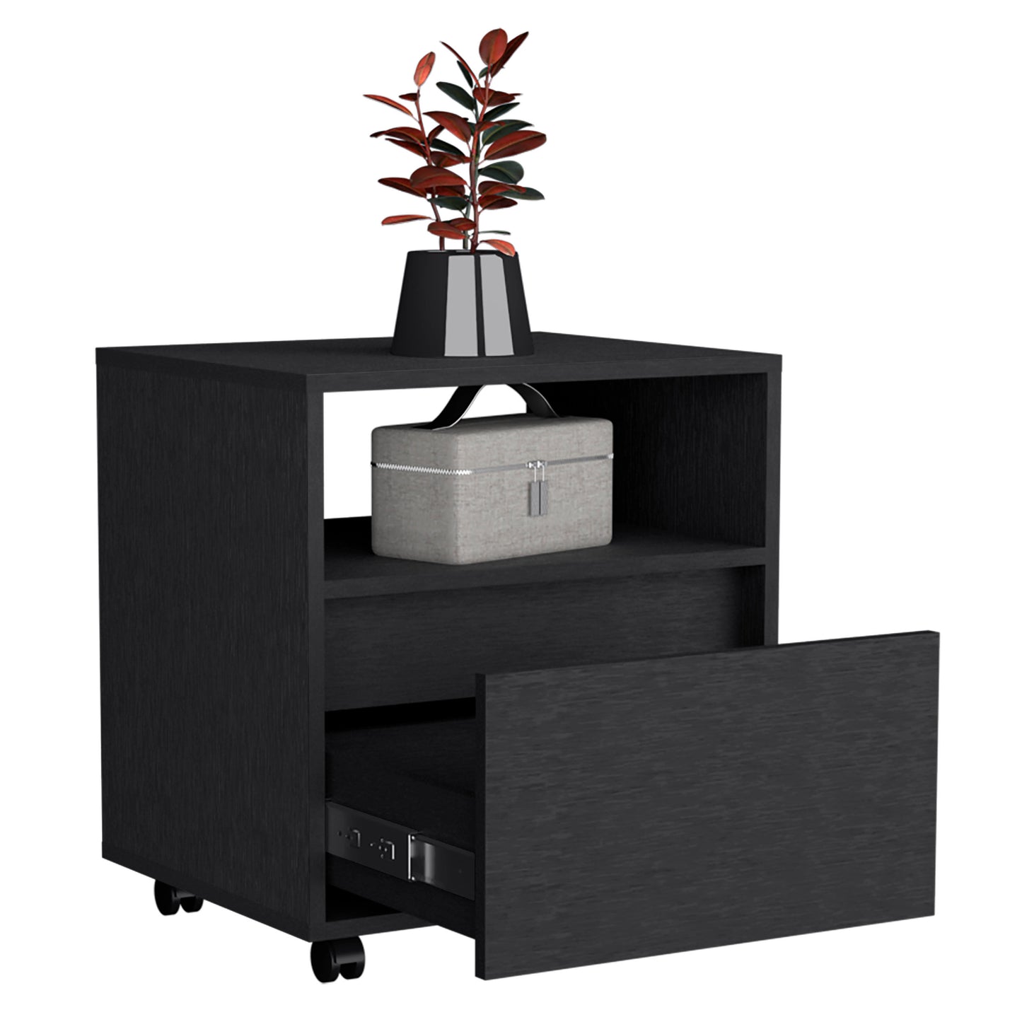 Austin Nightstand, Casters, Single Drawer-Black