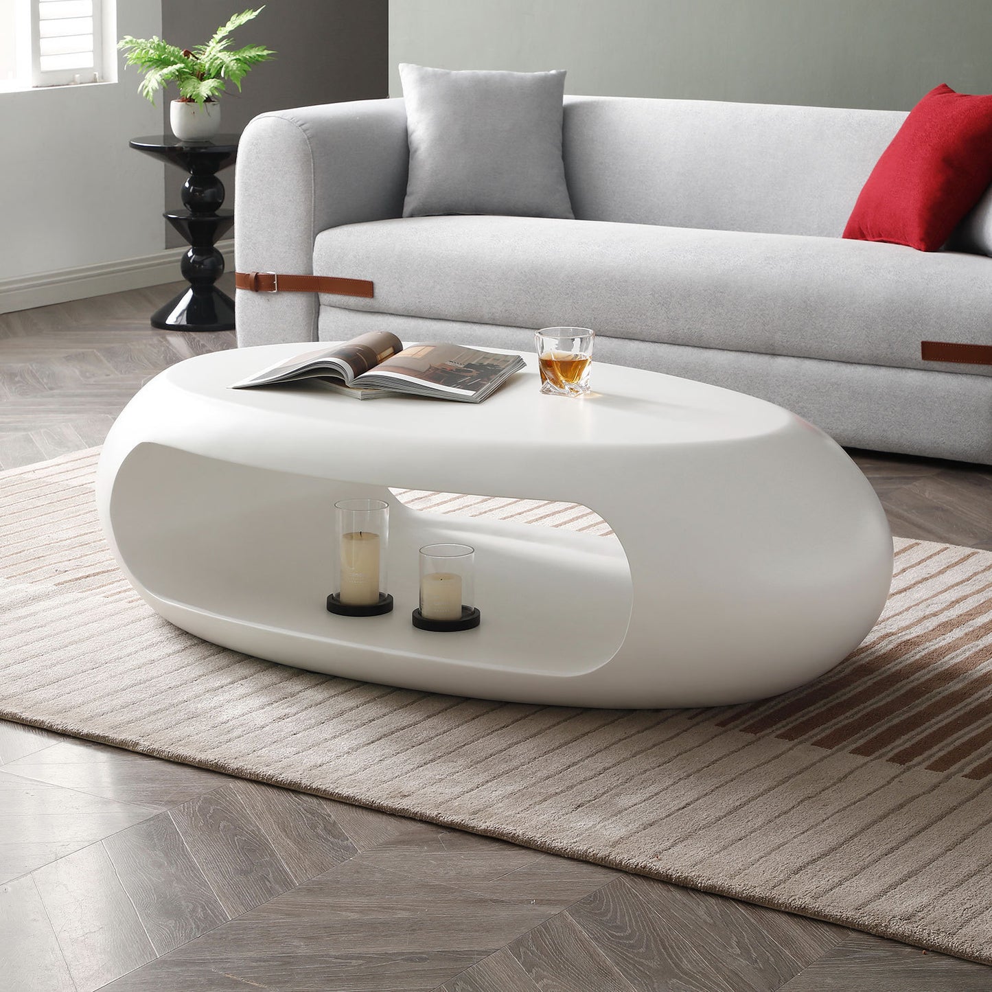 Elegant 53.15 Oval Fiberglass Coffee Table for Living Room in White, Ready-To-Use