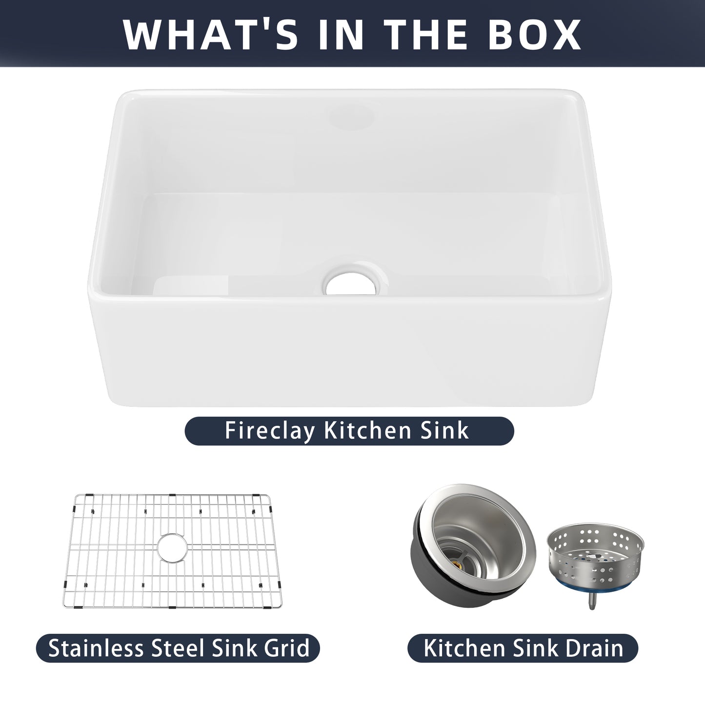 36 Inch Glossy White Fireclay Farmhouse Kitchen Sink with Bottom Grid and Drain