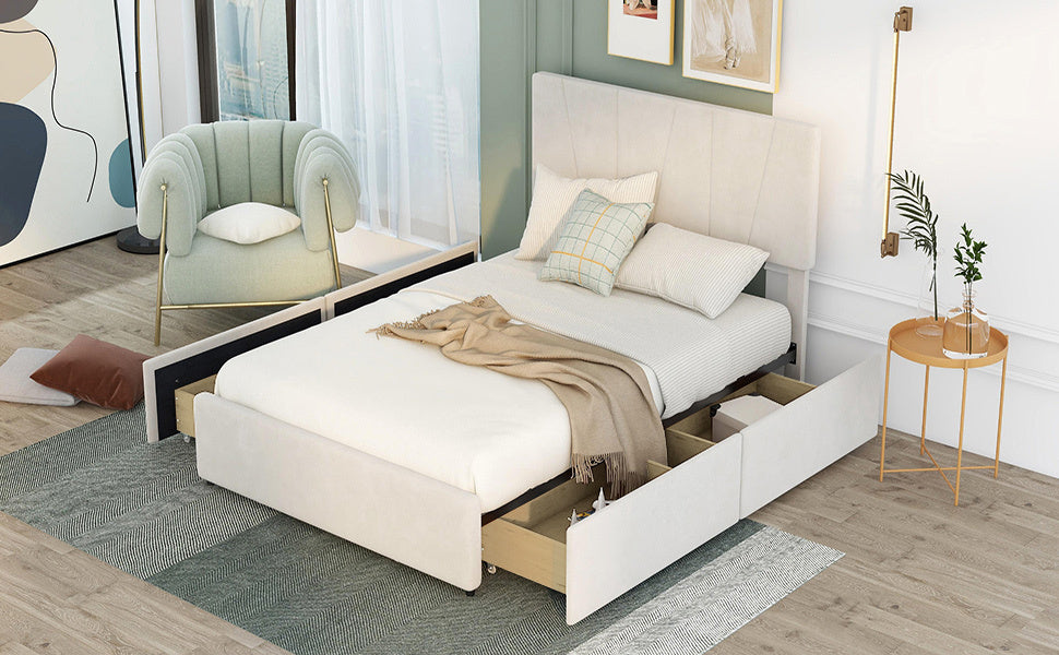 Full Size Upholstery Platform Bed with Four Drawers on Two Sides, Adjustable Headboard, Beige(: WF291773AAA)