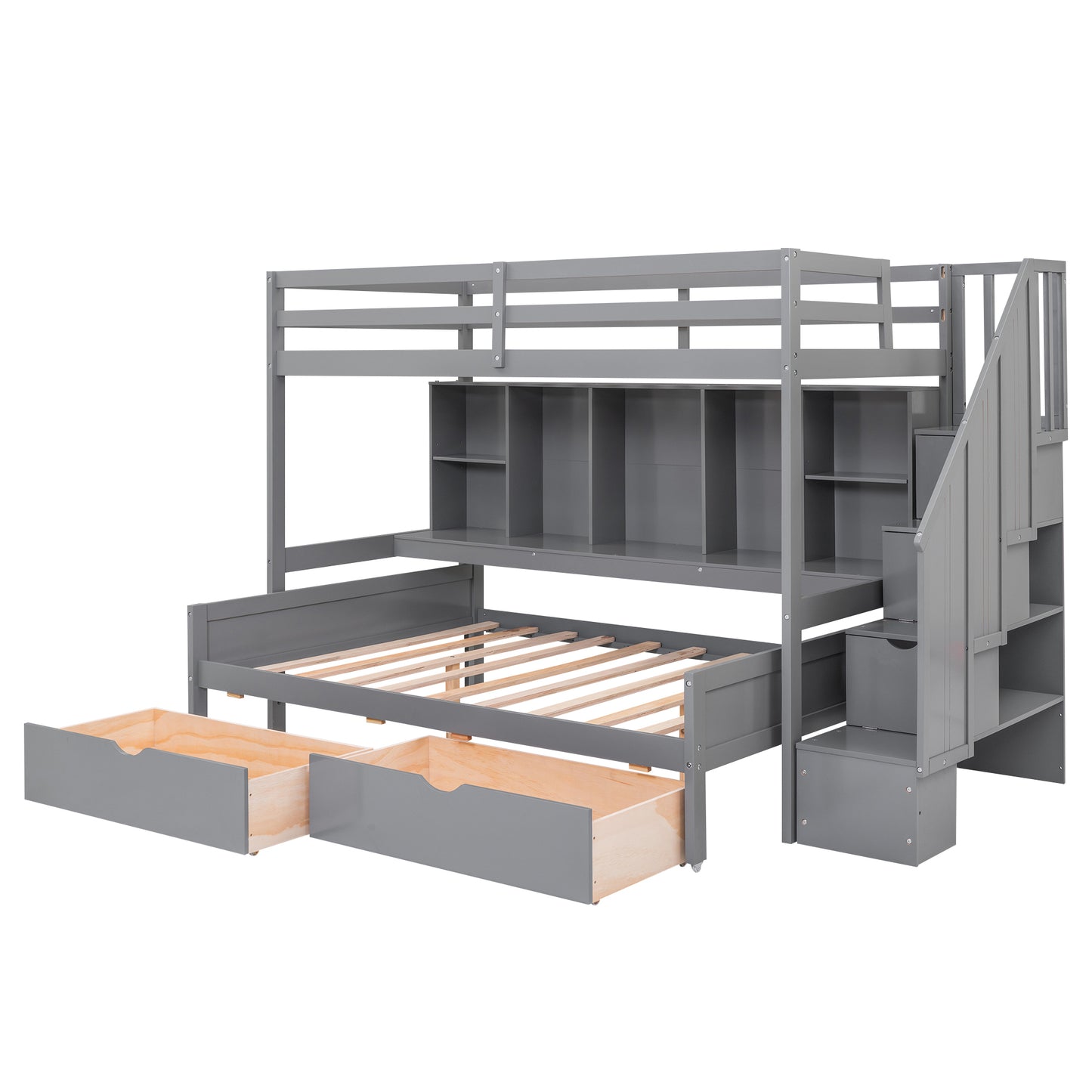 Gray Twin XL over Full Bunk Bed with Study Desk and Storage Solution