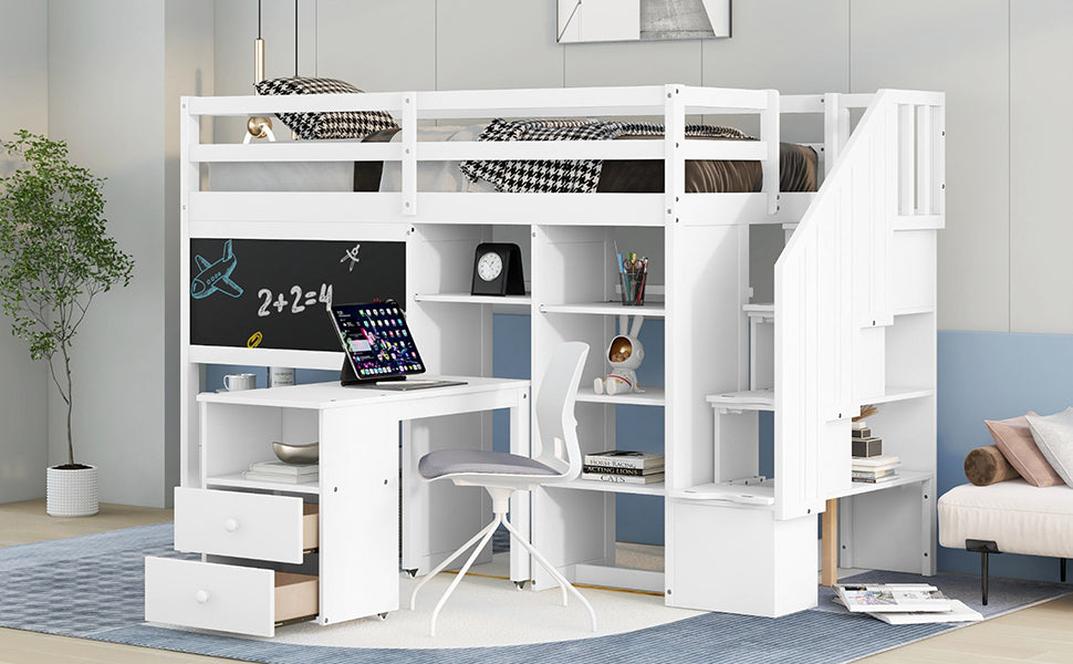 Twin Size Loft Bed with Pullable Desk and Storage Shelves,Staircase and Blackboard,White