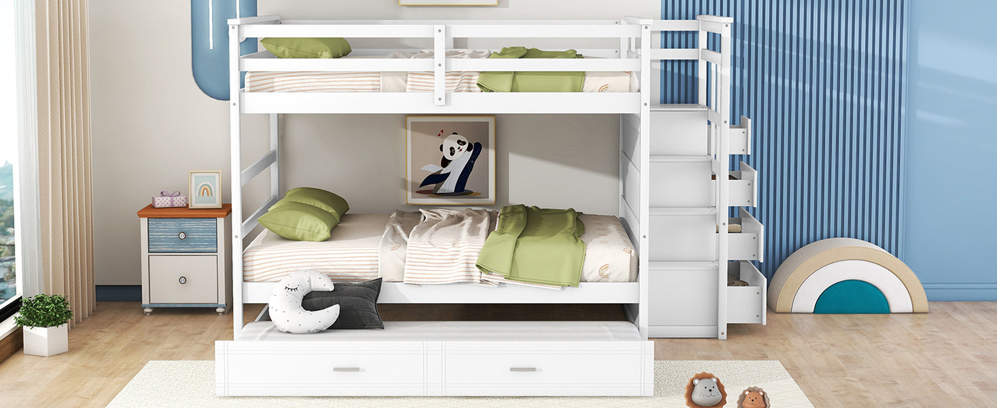 White Full-Over-Full Bunk Bed with Staircase and Trundle