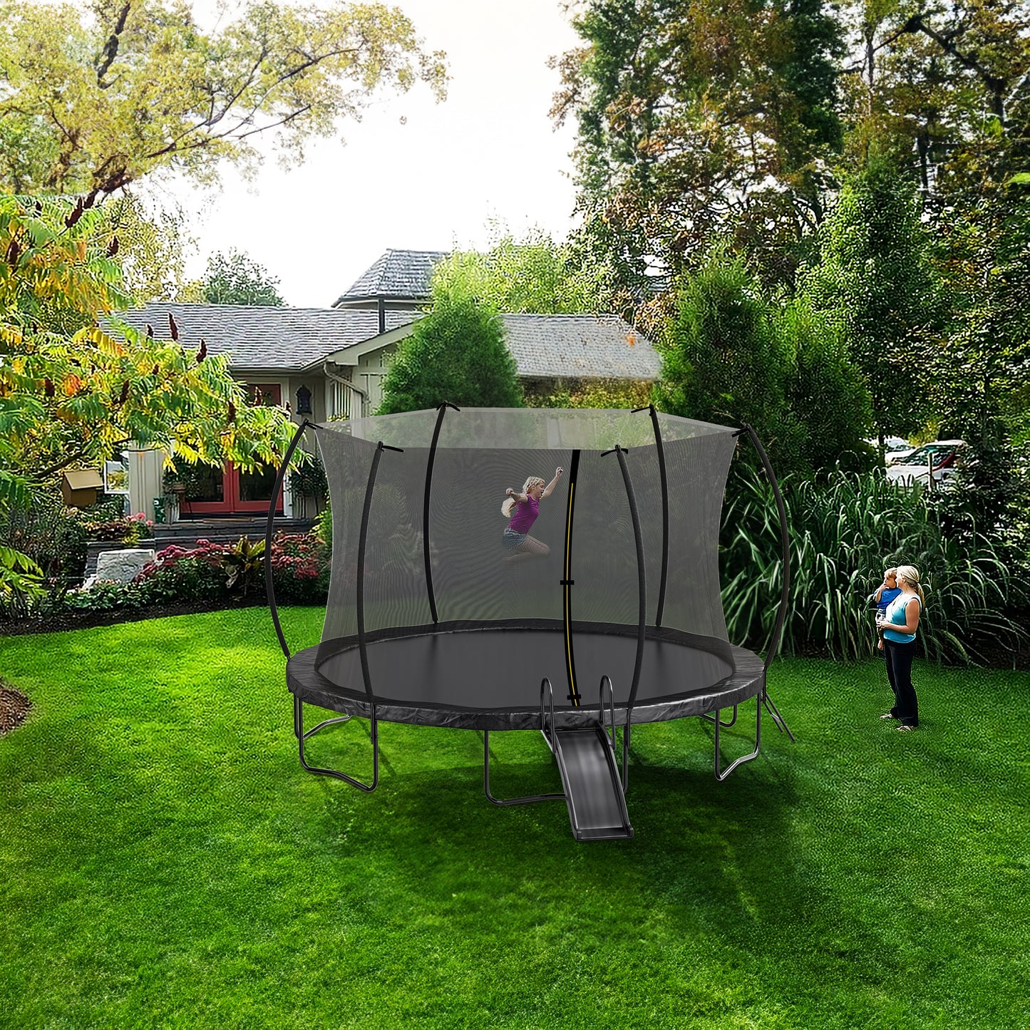 12FT Trampoline with Slide , Outdoor Pumpkin Trampoline for Kids and Adults with Enclosure Net and Ladder