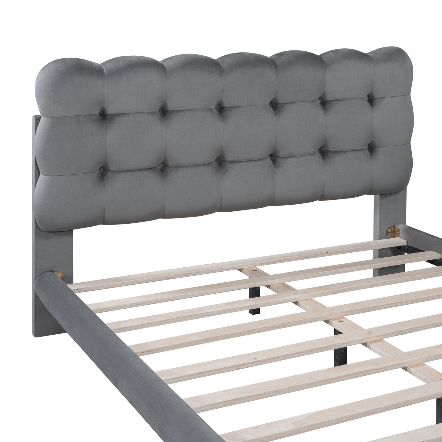 Full Size Velvet Platform Bed with LED Frame, Thick & Soft Fabric and Button-tufted Design Headboard, Gray