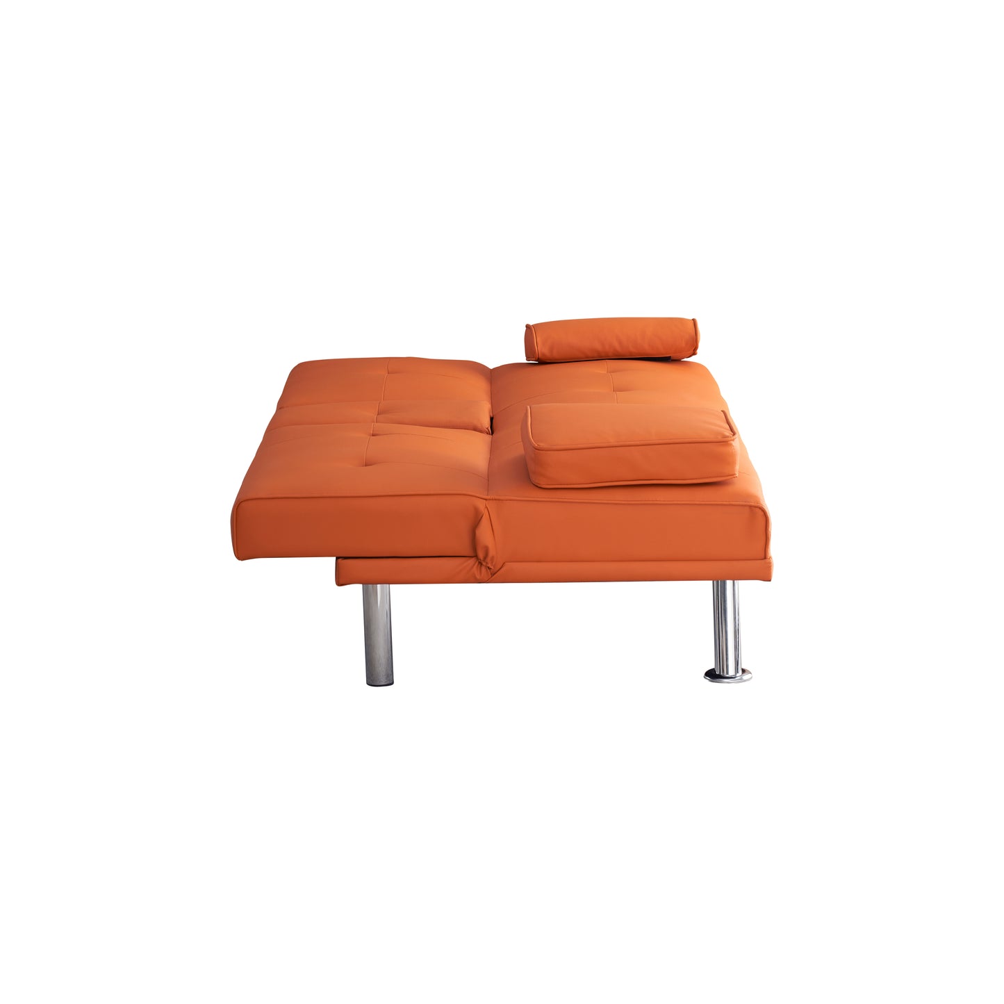 67 Orange Leather Multifunctional Double Folding Sofa Bed with Built-In Coffee Table