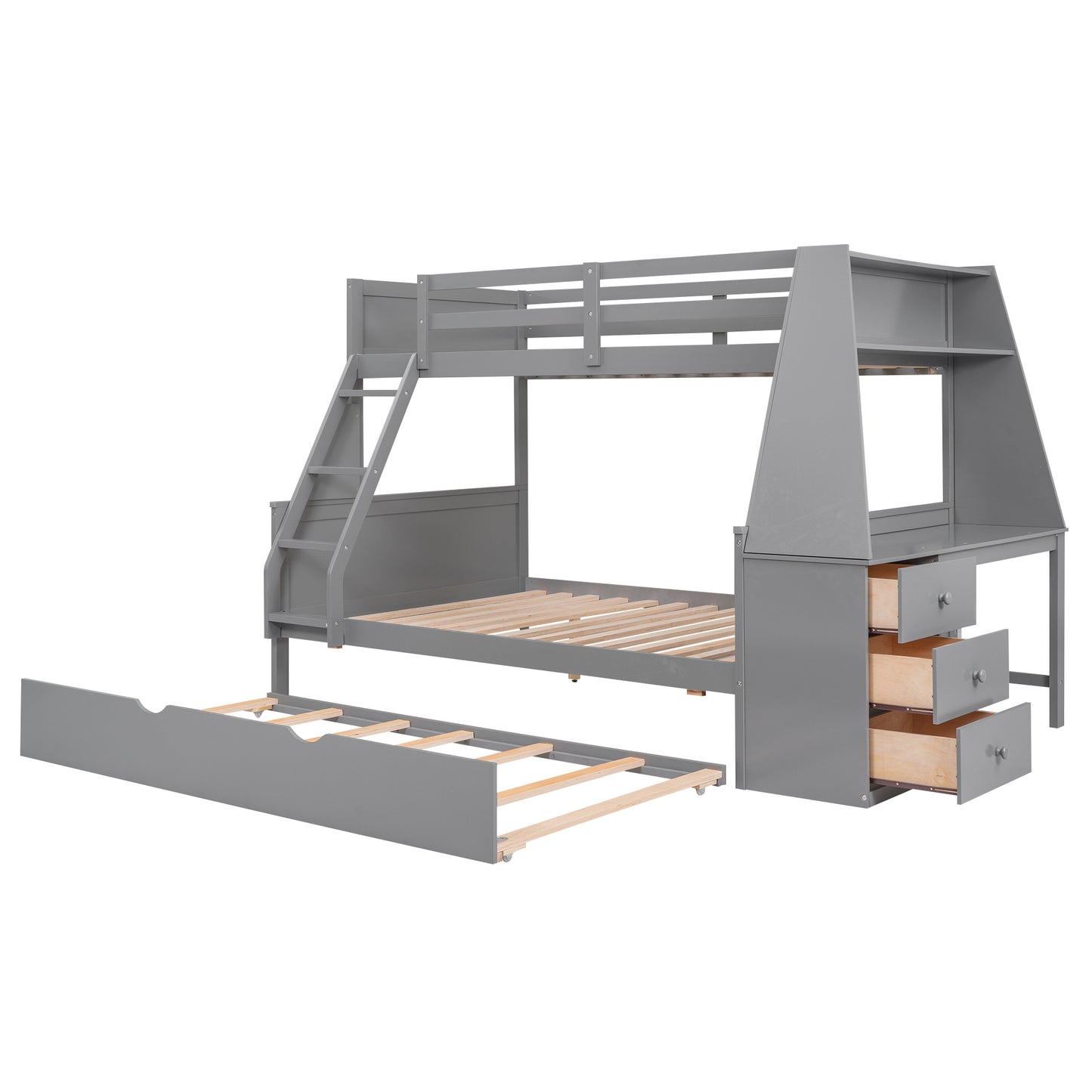 Enhanced Gray Twin over Full Bunk Bed with Trundle, Desk, and Storage