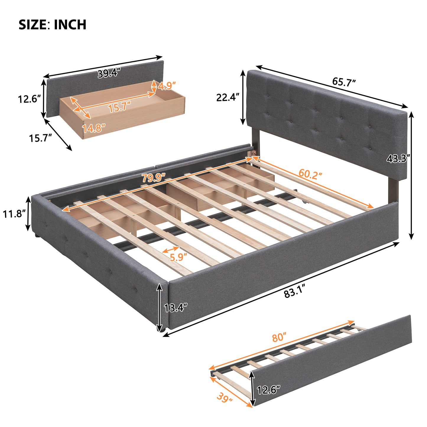 Upholstered Platform Bed with 2 Drawers and 1 Twin XL Trundle,  Linen Fabric, Queen Size - Dark Gray