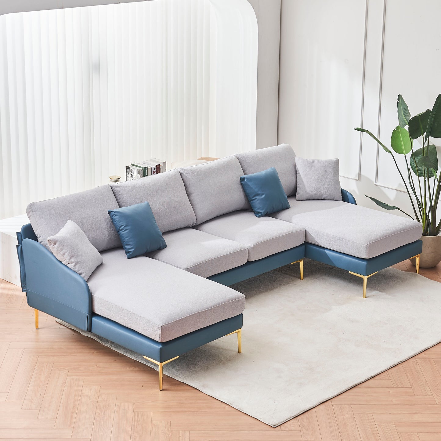 Modern large area Linen+Leathaire fabric color matching segmented sofa, ultra wide lounge chair, golden legs, U-shaped, blue+light gray