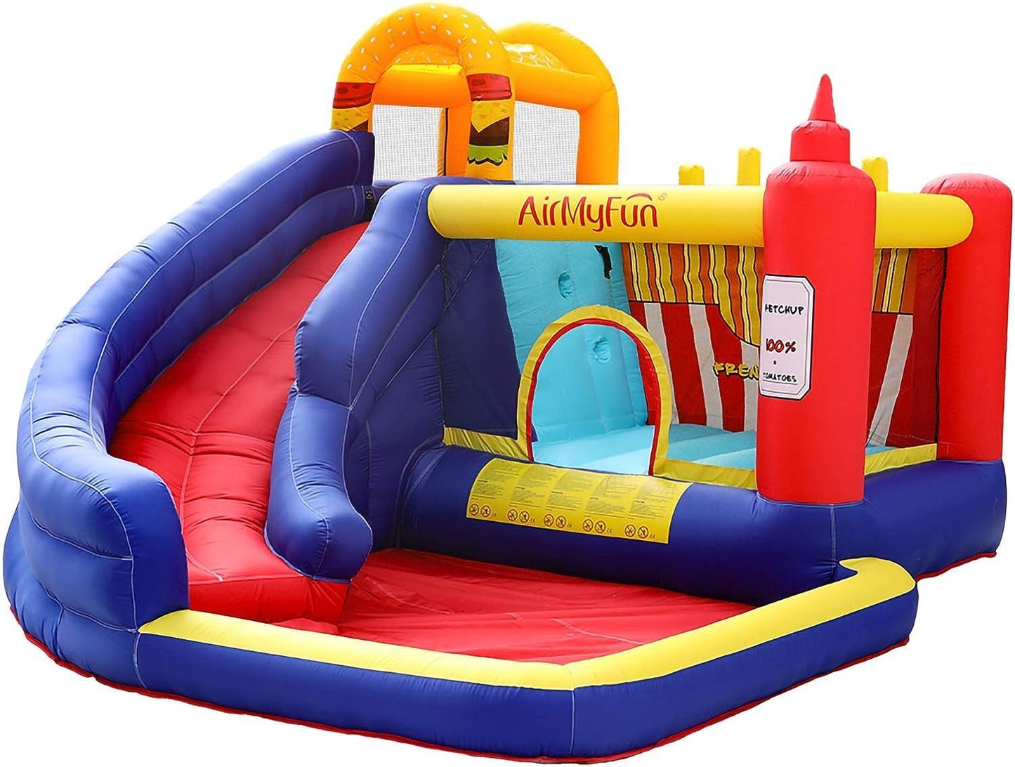 AirMyFun Food Bouncy Castle with Hamburger and Ketchup Shape, Jump & Slide Area with Safety Net