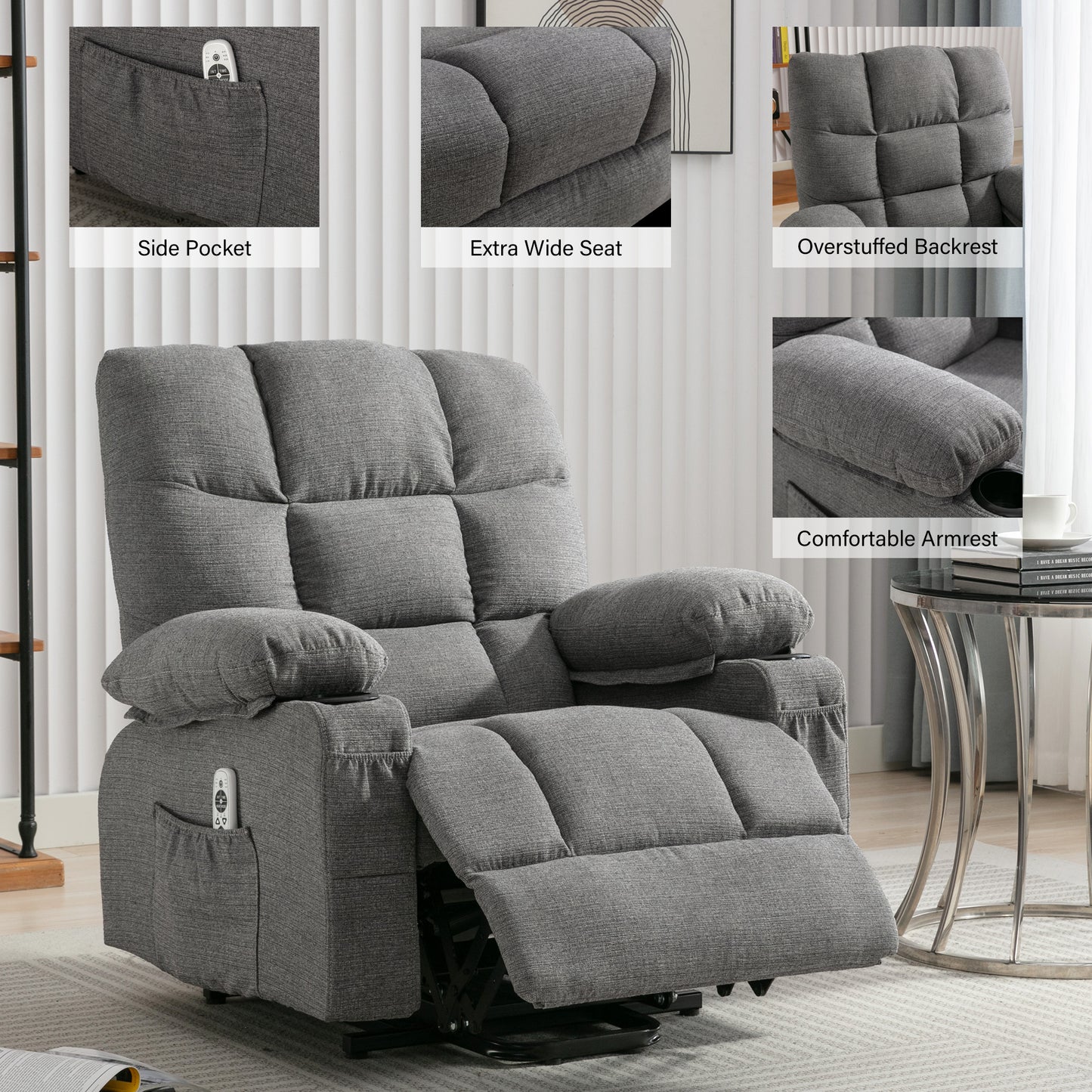 Comfortable Smoke Grey Power Lift Recliner Chair for the Elderly with Heat and Massage