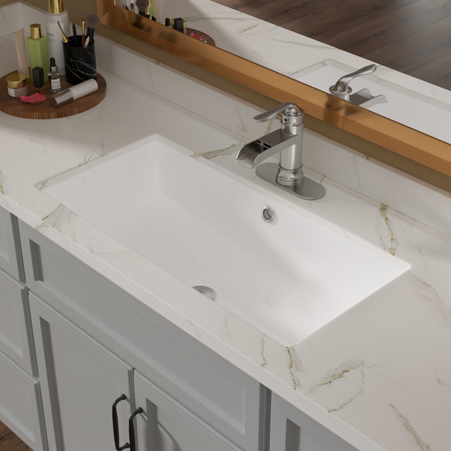 28"x14" White Ceramic Rectangular Undermount Bathroom Sink with Overflow