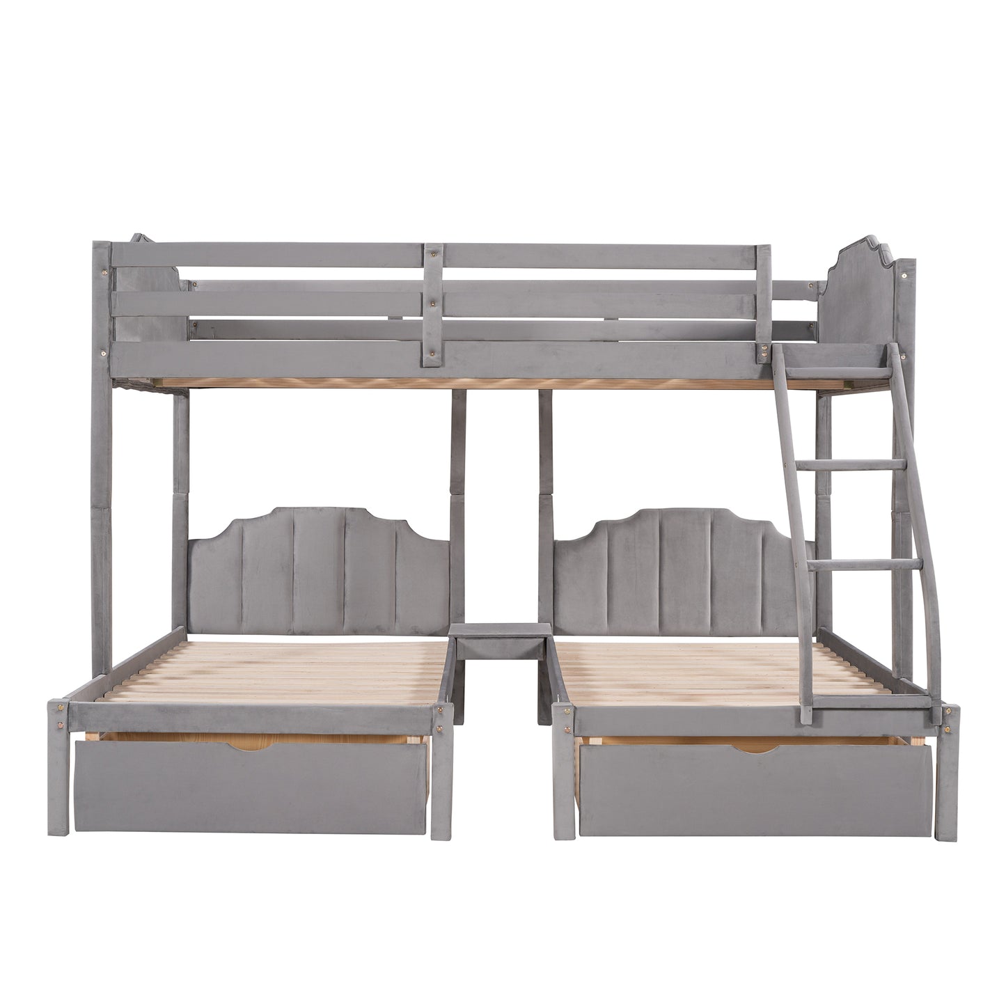 Gray Velvet Triple Bunk Bed with Full Over Twin & Twin, Drawers, Guardrails, and Space-Saving Design