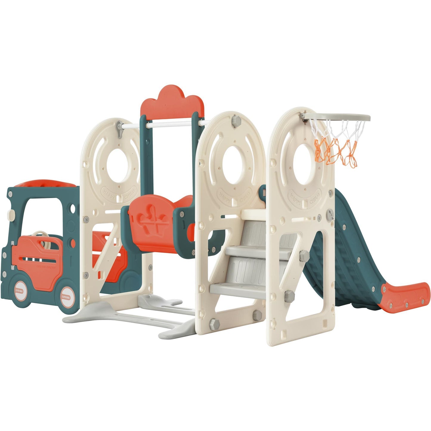 Kids Swing-N-Slide with Bus Play Structure, Freestanding Bus Toy with Slide&Swing for Toddlers, Bus Slide Set with Basketball Hoop