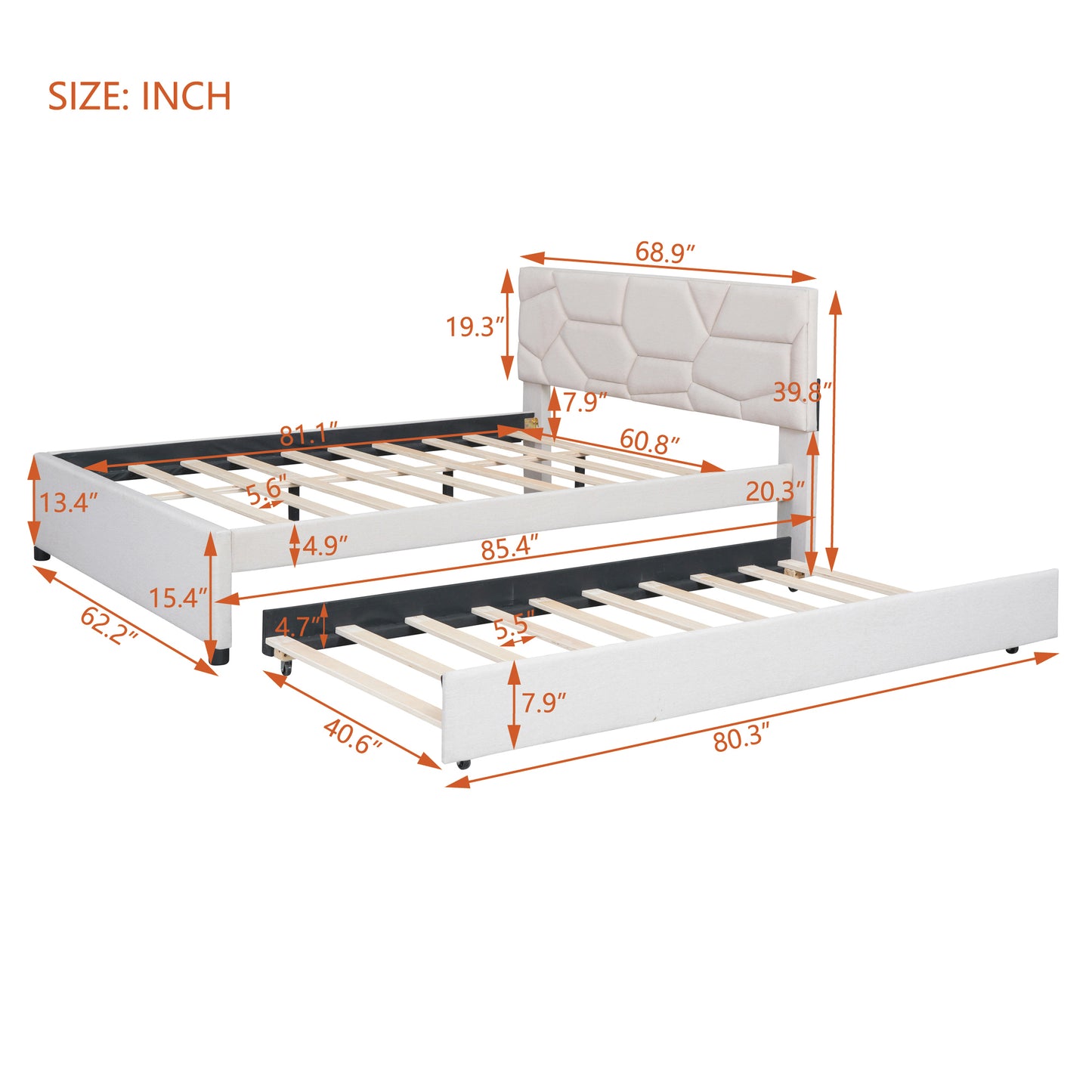 Queen Size Upholstered Platform Bed with Brick Pattern Headboard and Twin XL Size Trundle, Linen Fabric, Beige