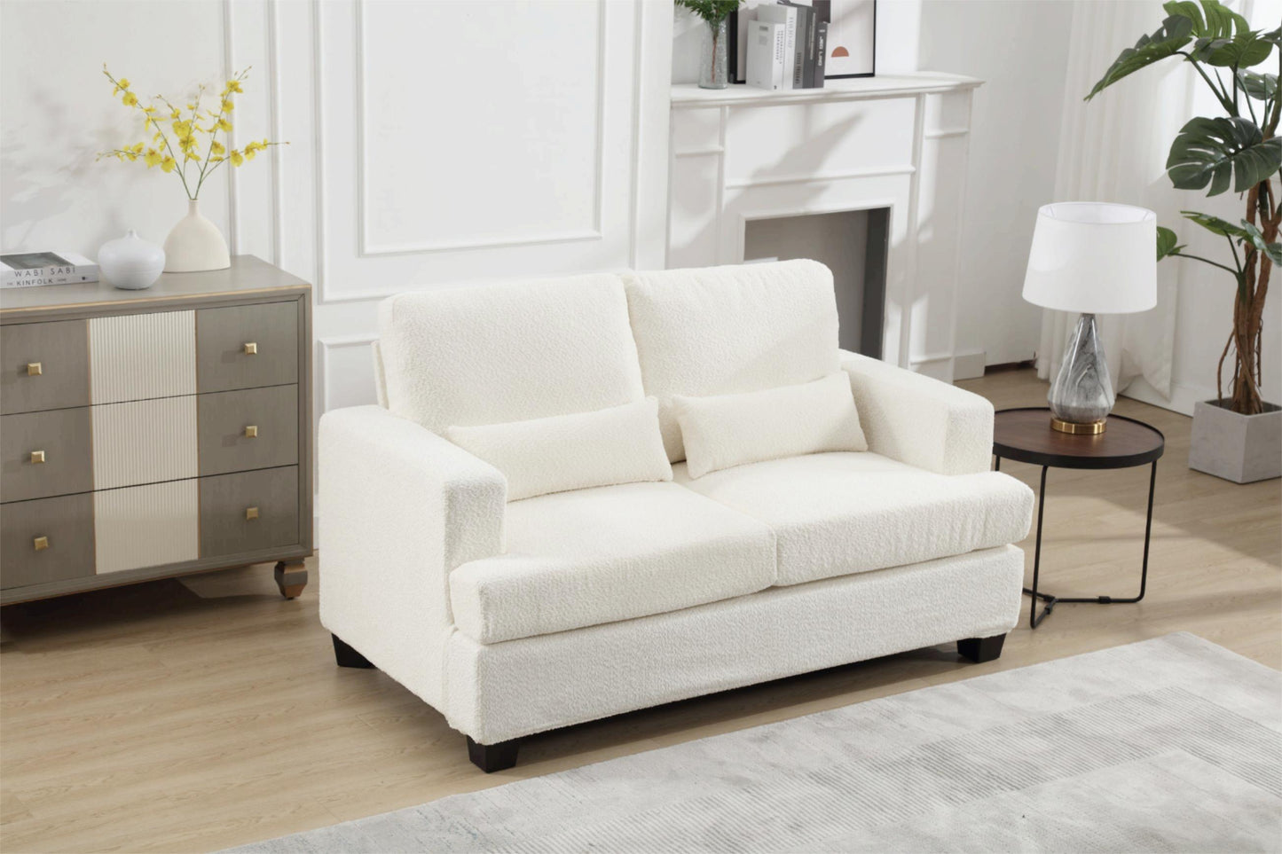 Modern 63 Loveseat for Living Room with Square Armrest and Removable Cushion Set (White & Gray Fabric)