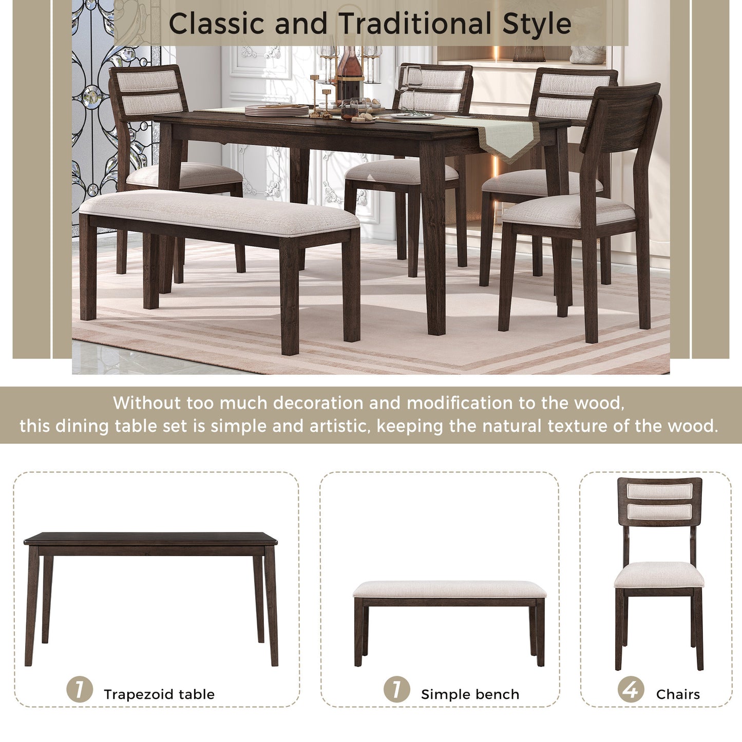 TREXM Classic and Traditional Style 6 - Piece Dining Set, Includes Dining Table, 4 Upholstered Chairs & Bench (Espresso)