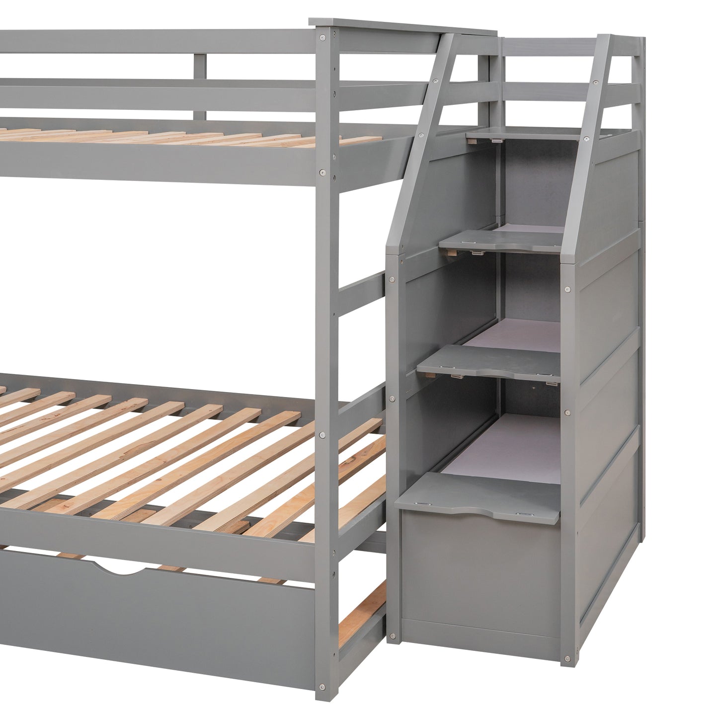 Gray Full Bunk Bed with Trundle and 3 Storage Stairs