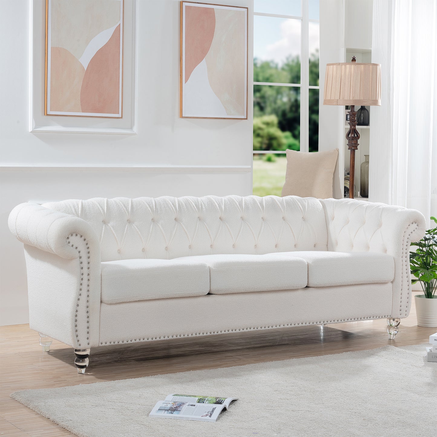 84.65-Inch Rolled Arm Chesterfield 3 Seater Sofa