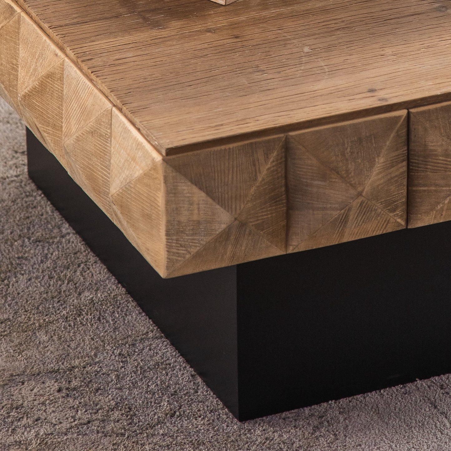 Retro Fir Wood Coffee Table with 3D Embossed Pattern and 2 Drawers