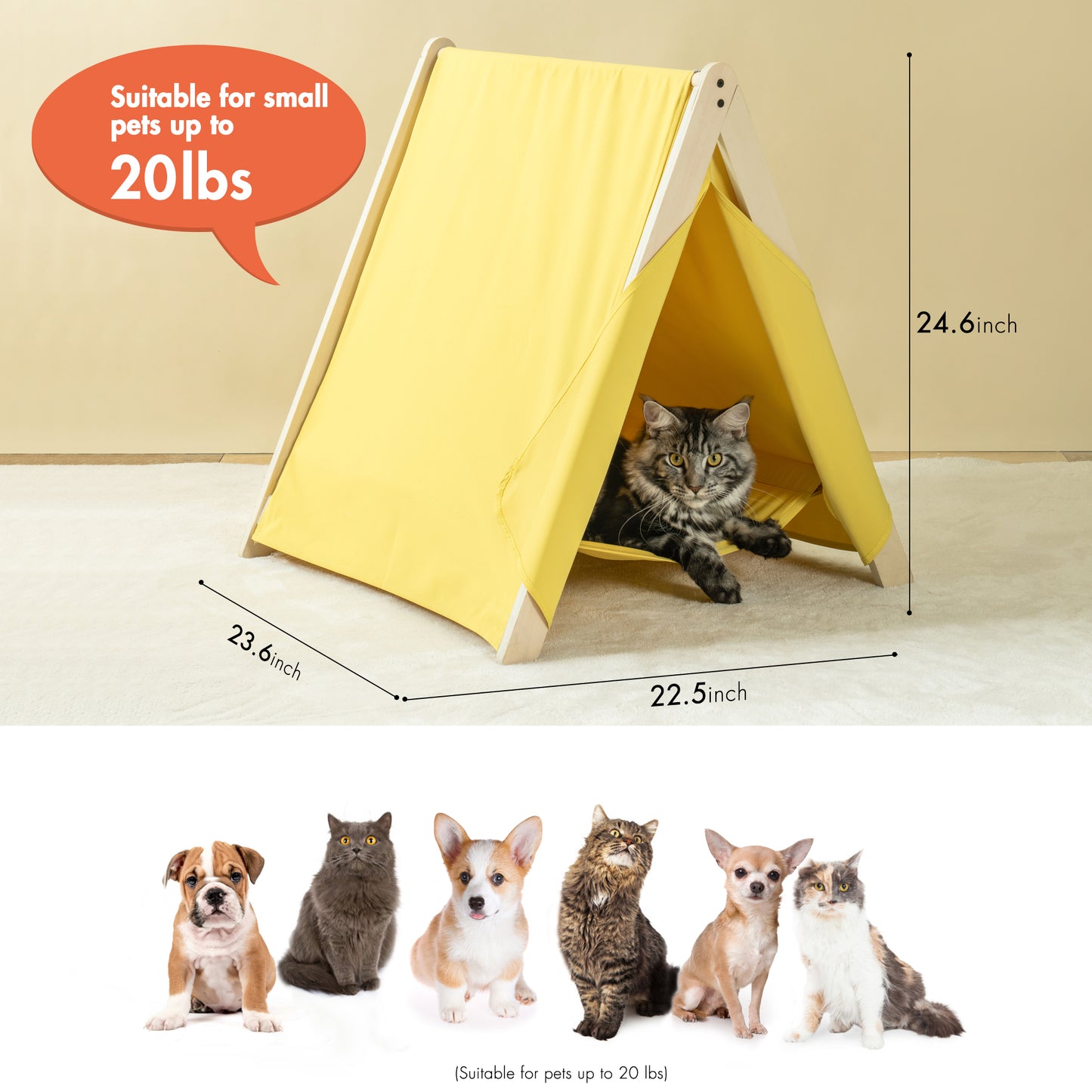 Pet Tent, Cat Tent for Indoor Cats, Wooden Cat House for small Pets,Yellow