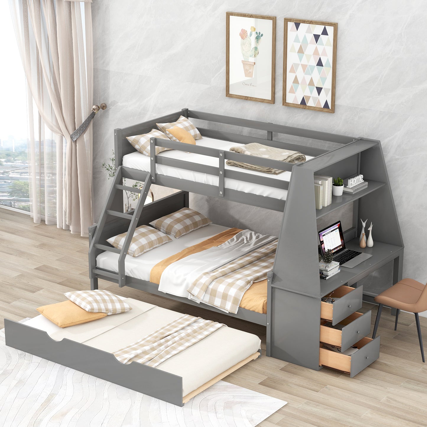 Enhanced Gray Twin over Full Bunk Bed with Trundle, Desk, and Storage