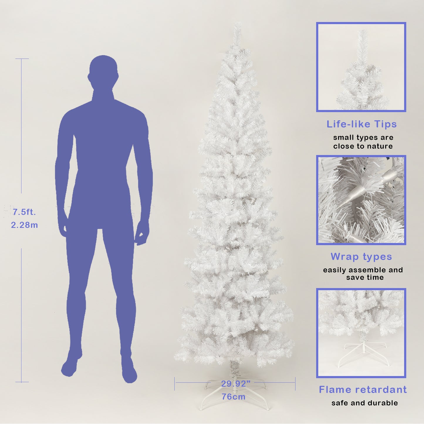 Slim 7.5FT White Artificial Christmas Tree with Foldable Metal Stand