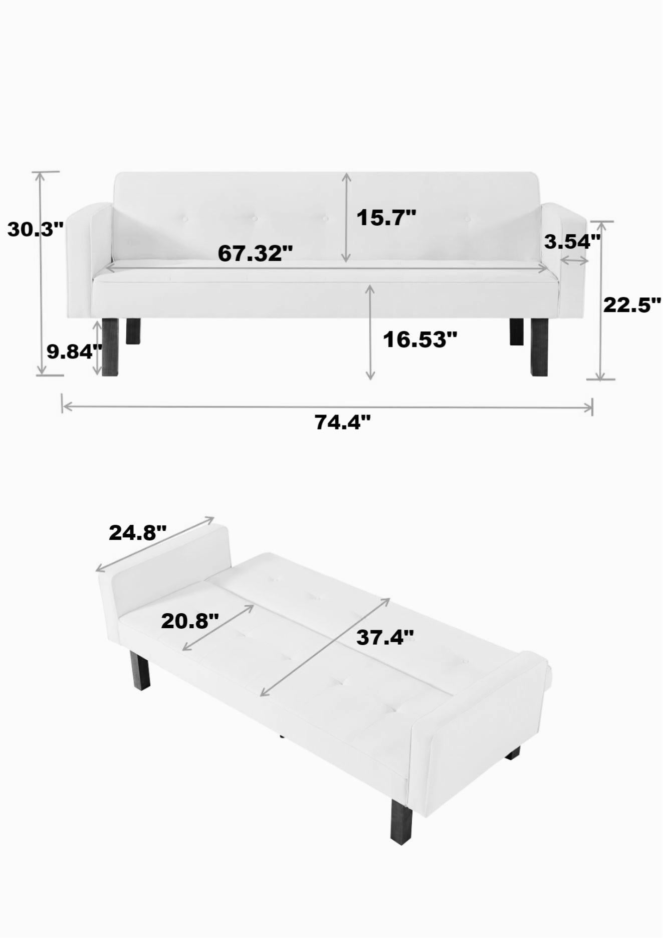 Linen upholstered modern convertible folding sofa bed with 4 solid wood feet and 1 metal center foot.