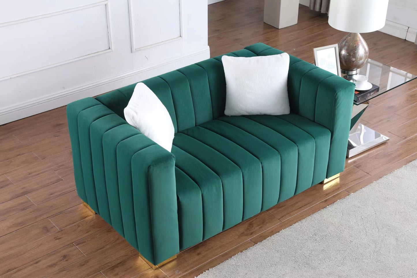 Chesterfield Inspired Dark Green Velvet Sofa Set with 3 Seater and Loveseat