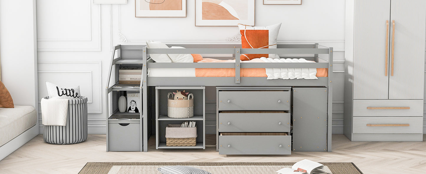 Twin Size Loft Bed with Retractable Writing Desk and 3 Drawers, Wooden Loft Bed with Storage Stairs and Shelves, Gray