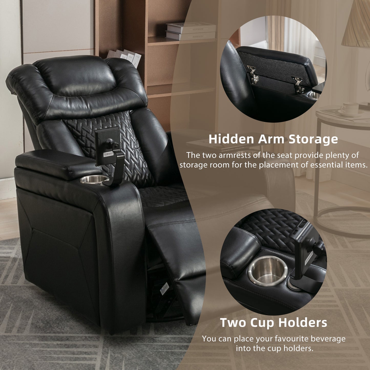 Luxury Black Swivel Recliner Chair with Tray Table, Phone Holder, and USB Port