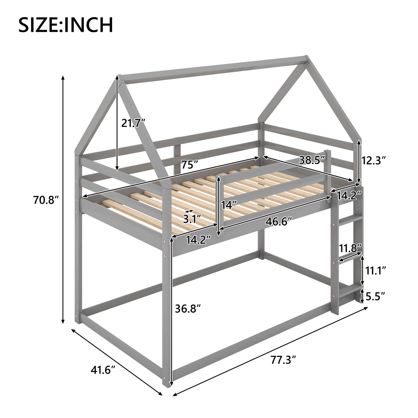 Gray House-Shaped Twin Over Twin Low Bunk Bed