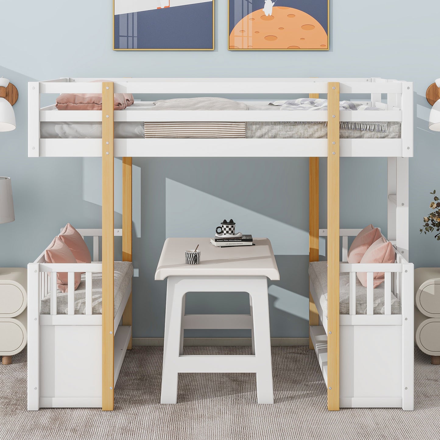 Wood Twin Size Loft Bed with 2 Seats and a Ladder, White