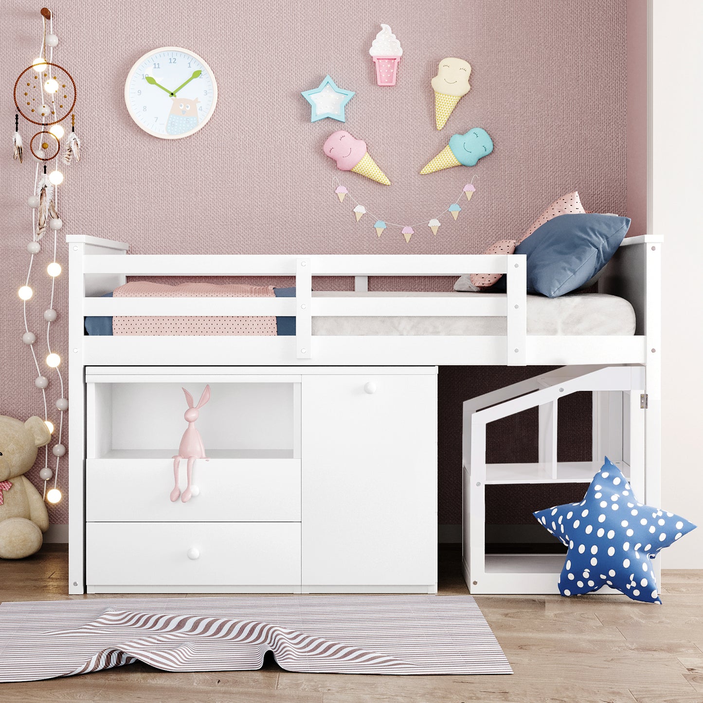 Loft Bed Low Study Twin Size Loft Bed With Storage Steps and Portable,Desk,White(: LT000101AAK)