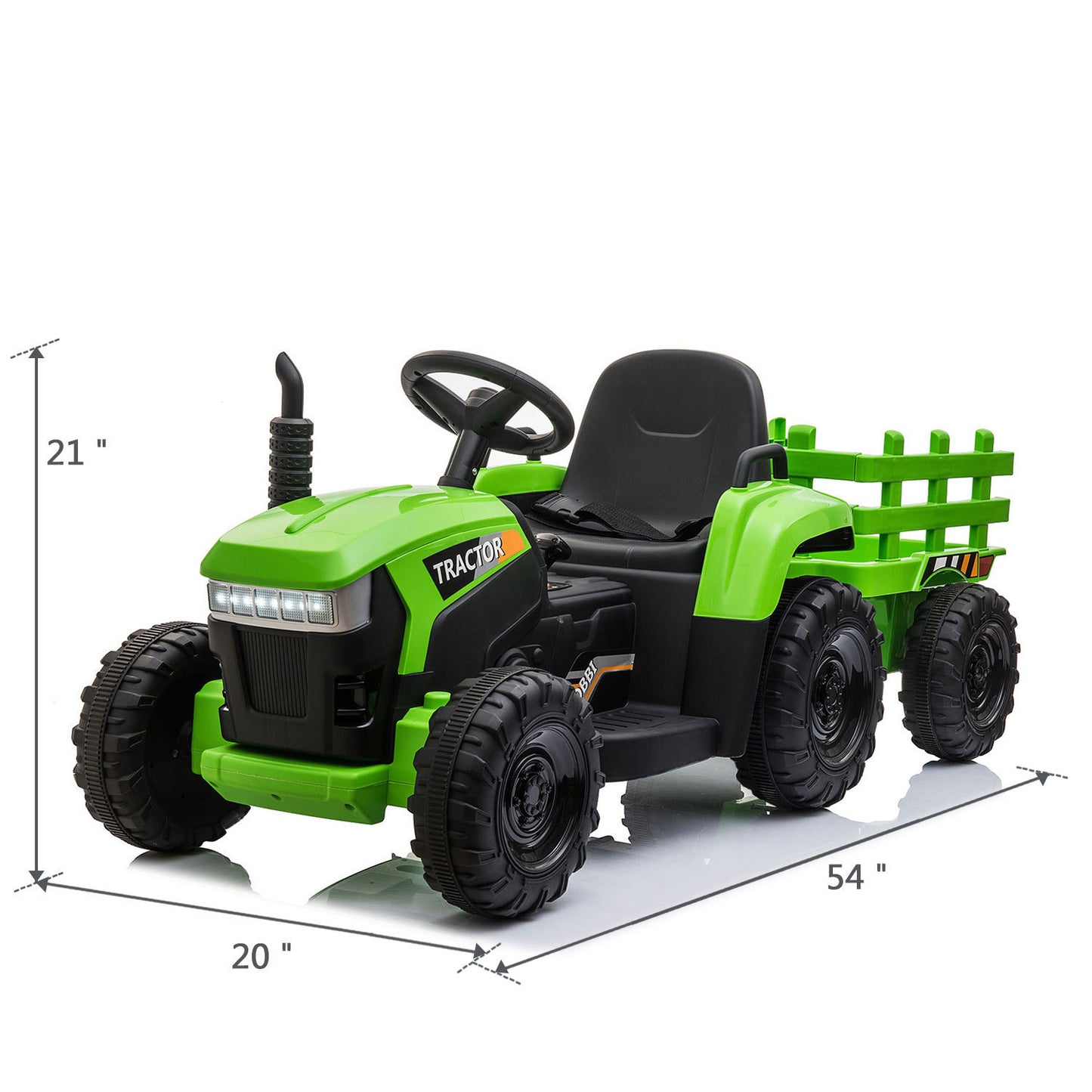 12V Kids Ride-On Tractor with Trailer and Music, Light Green Electric Car for 3-6 Year Olds