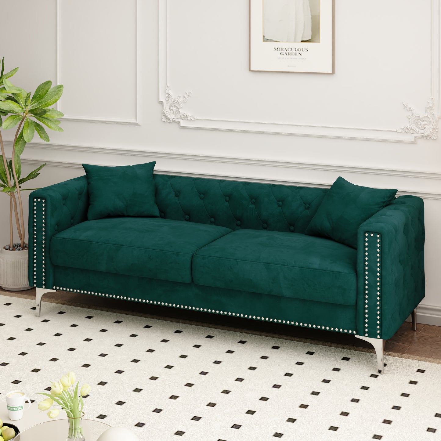 Sofa includes 2 pillows, 83 "green velvet triple sofa for small Spaces