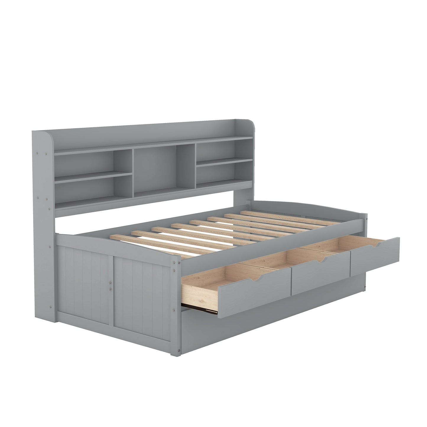 Twin Size Wooden Captain Bed with Built-in Bookshelves,Three Storage Drawers and Trundle,Light Grey