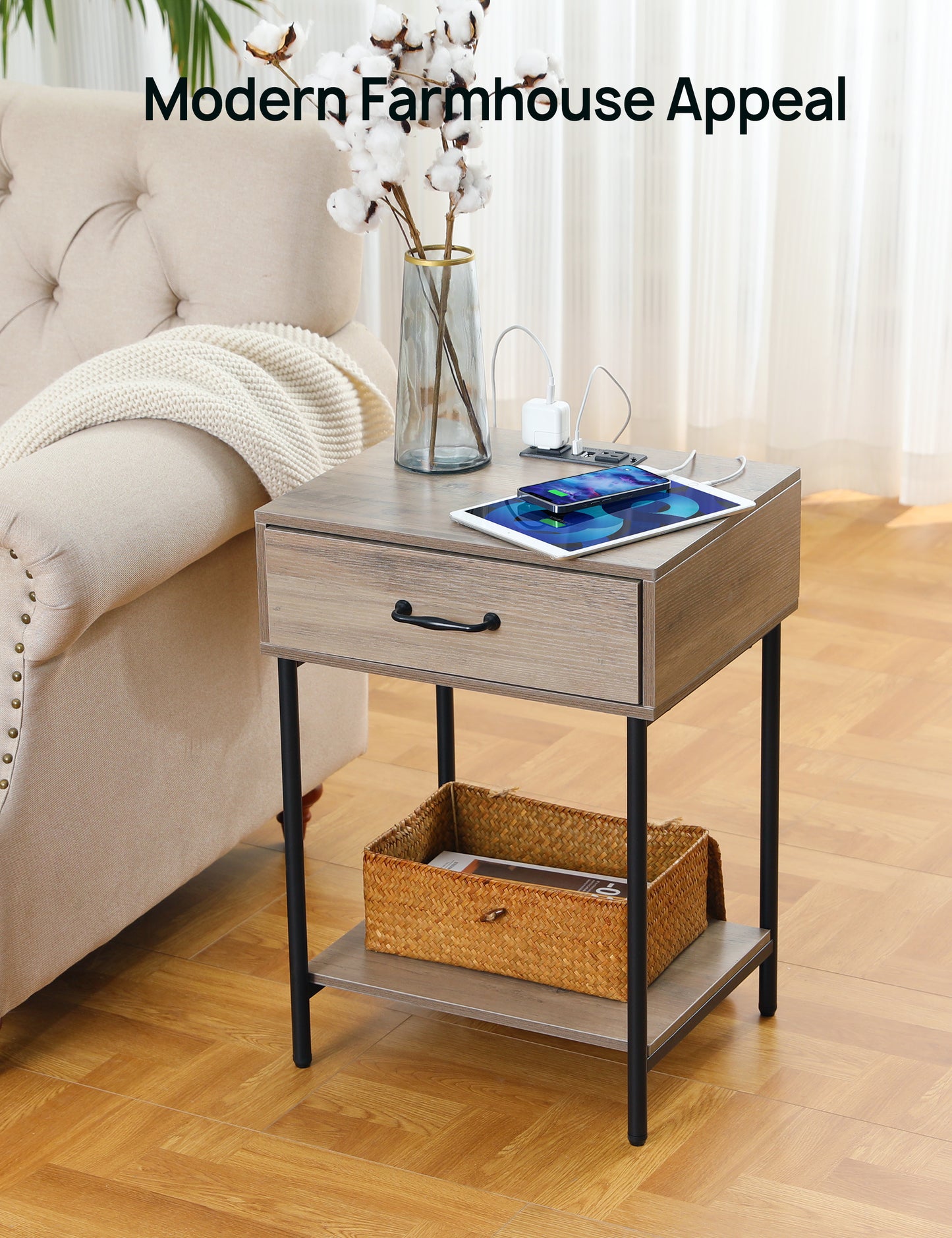 Nightstand with Charging Station, End Table, Side Table with Drawer, Open Storage Shelf, Bedside Table for Bedroom, Living Room