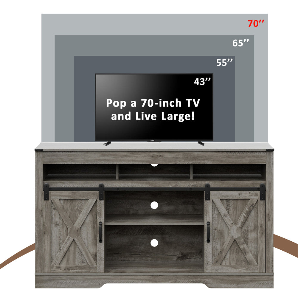 Adjustable Light Gray Barn Door TV Stand with Storage Shelves