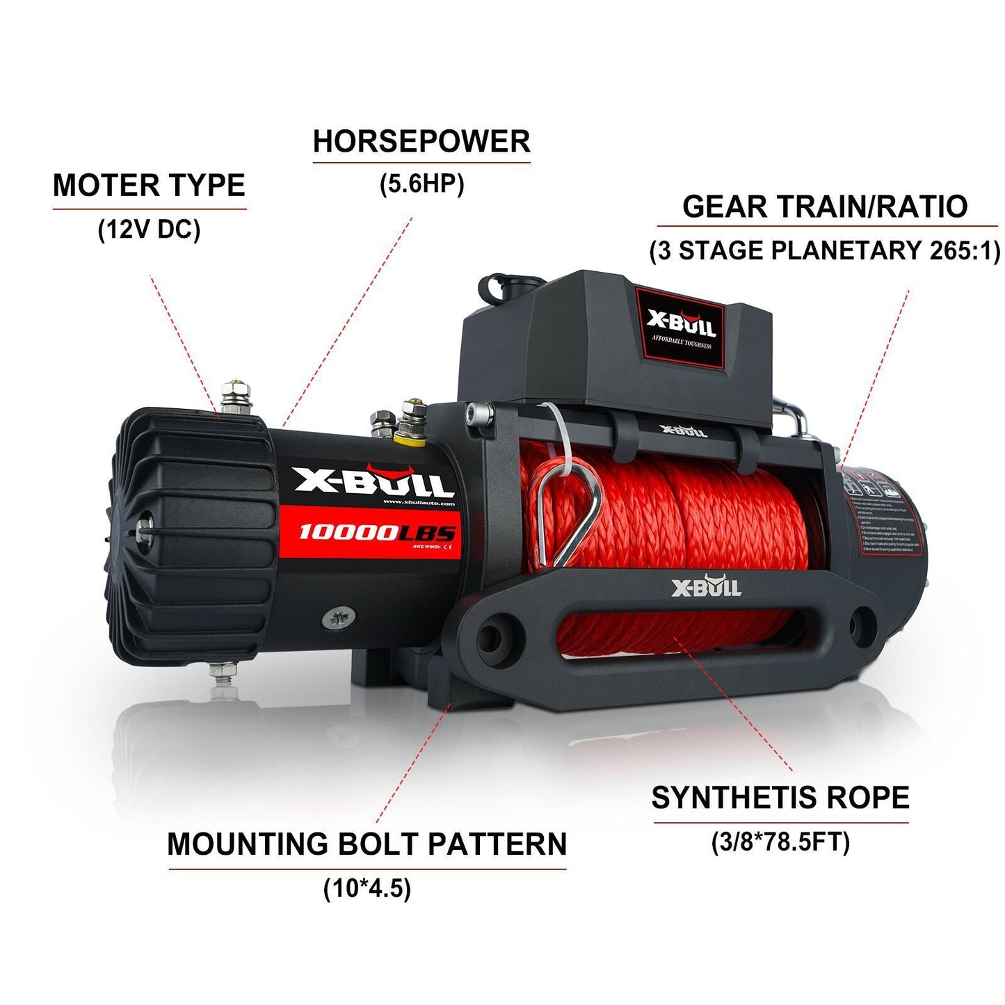 Heavy-Duty X-BULL Electric Winch 10000 LBS 12V with Synthetic Rope and 5.6HP Motor