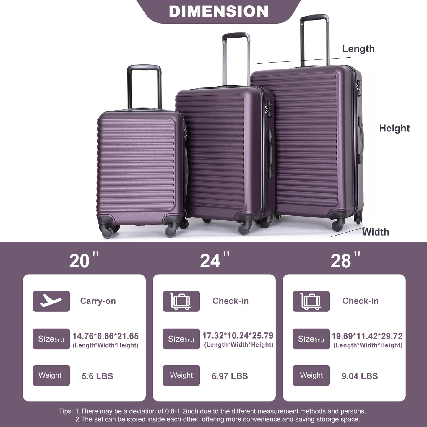 3 Piece Luggage Sets ABS Lightweight Suitcase with Two Hooks, Spinner Wheels, TSA Lock, (20/24/28) PURPLE