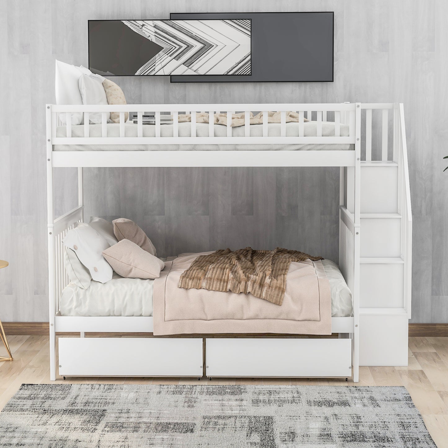 White Full over Full Bunk Bed with Two Drawers: Spacious and Stylish Sleep Solution