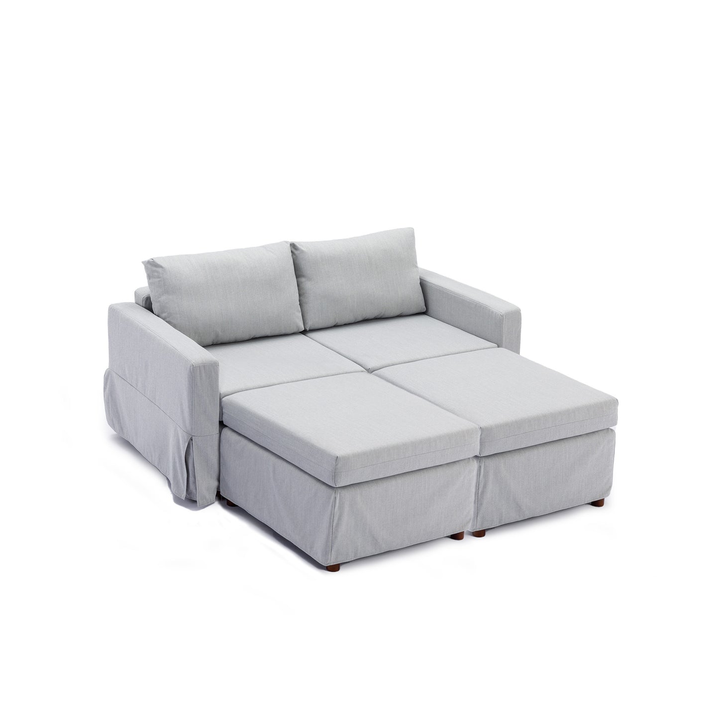 Modular Linen Sectional Sofa Set with Ottomans in Light Grey