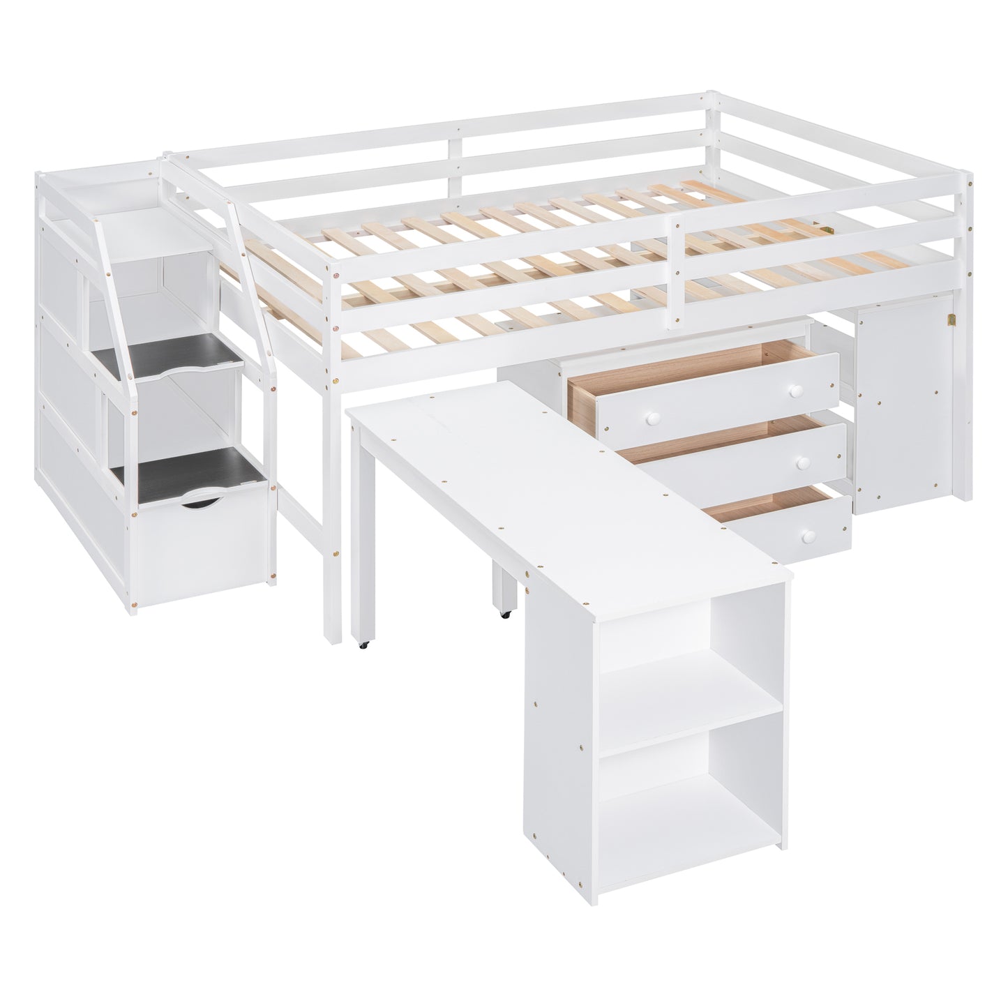 Full Size Loft Bed with Retractable Writing Desk and 3 Drawers, Wooden Loft Bed with Storage Stairs and Shelves, White