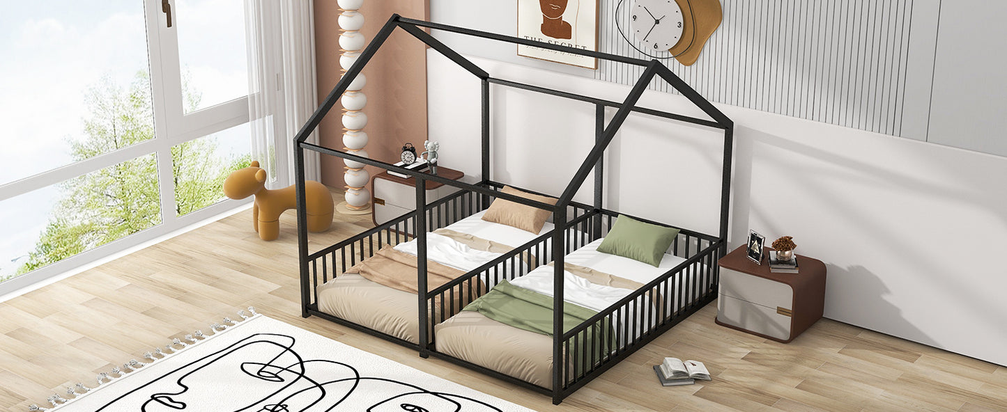 Metal Twin Size House Platform Beds, Two Shared Beds, Black