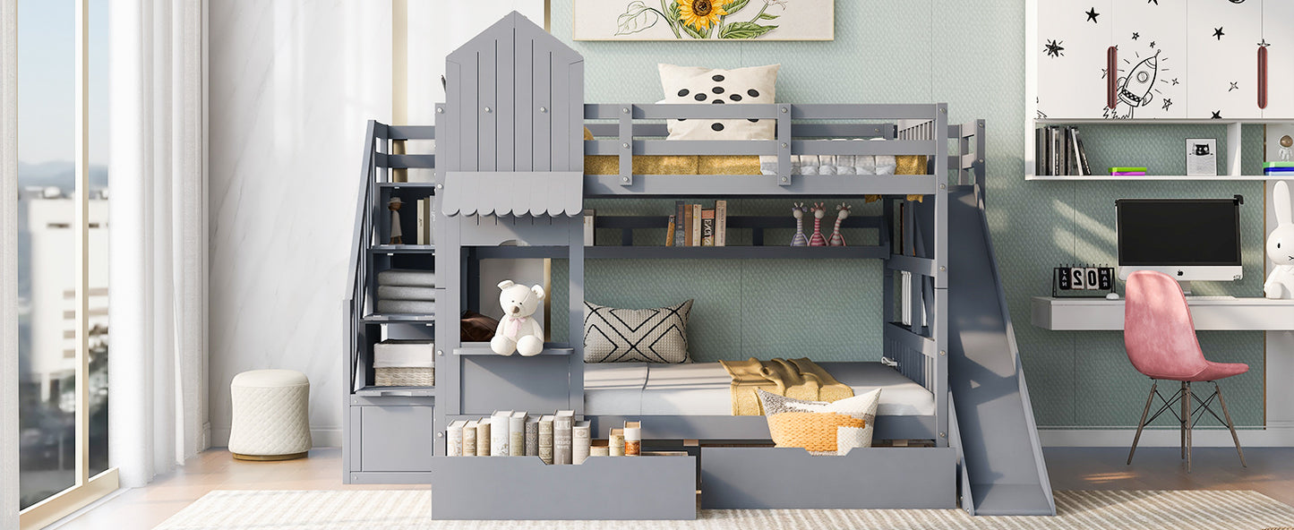 Castle Loft Bunk Bed with Slide, Drawers, and Shelves - Gray: Magical Castle Style Loft Bed with Slide, Drawers, and Shelves