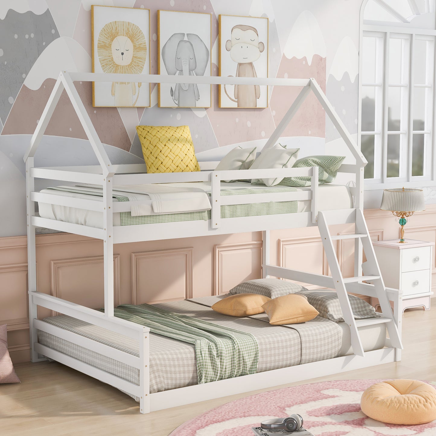 Playful White Twin over Full Bunk Bed with House-Inspired Design