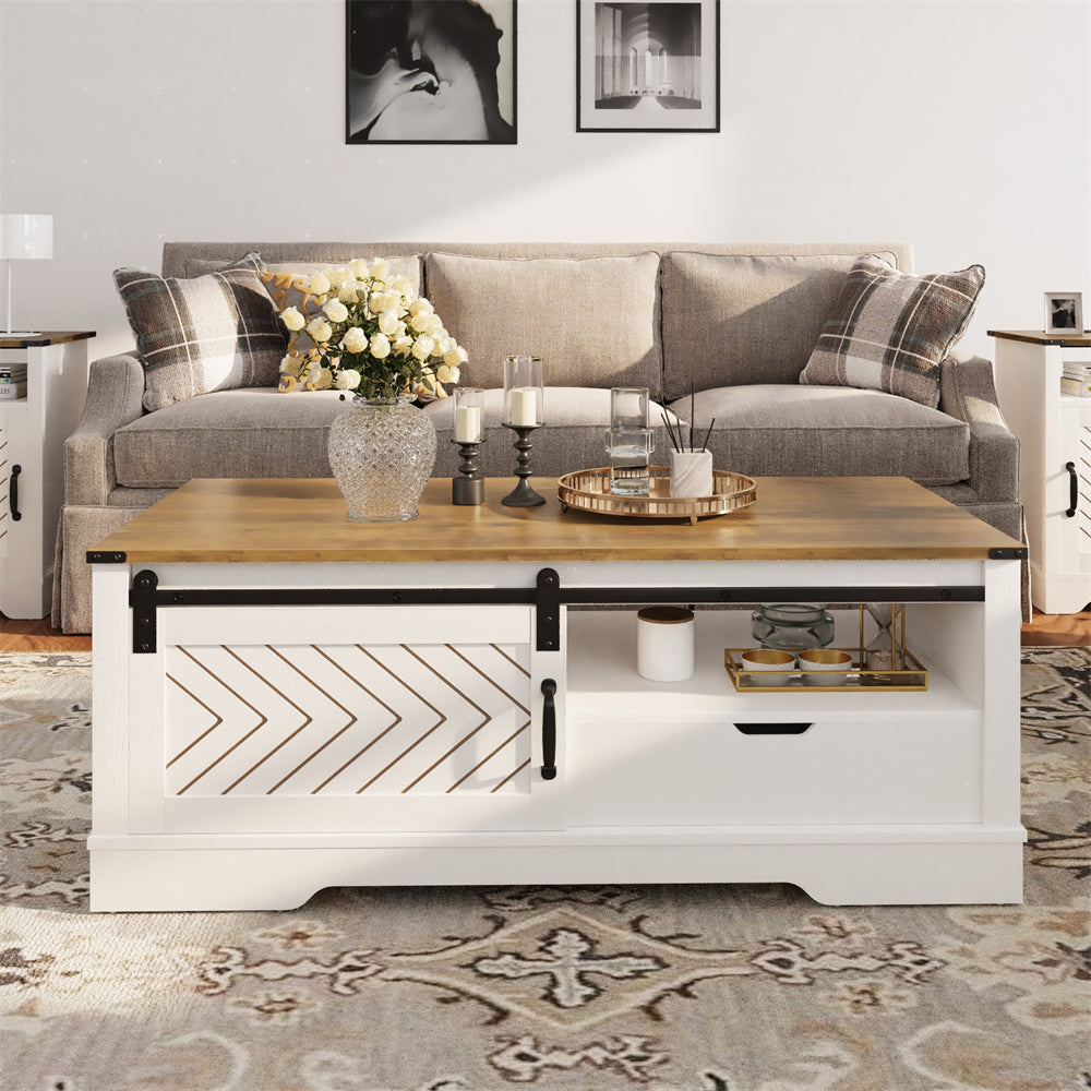 White Wood Coffee Table with Barn Door Storage and Modern Design