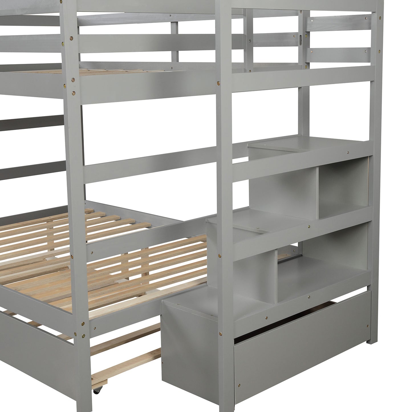 Stairway Full-Over-Full Bunk Bed with Twin Size Trundle and Drawer in Gray